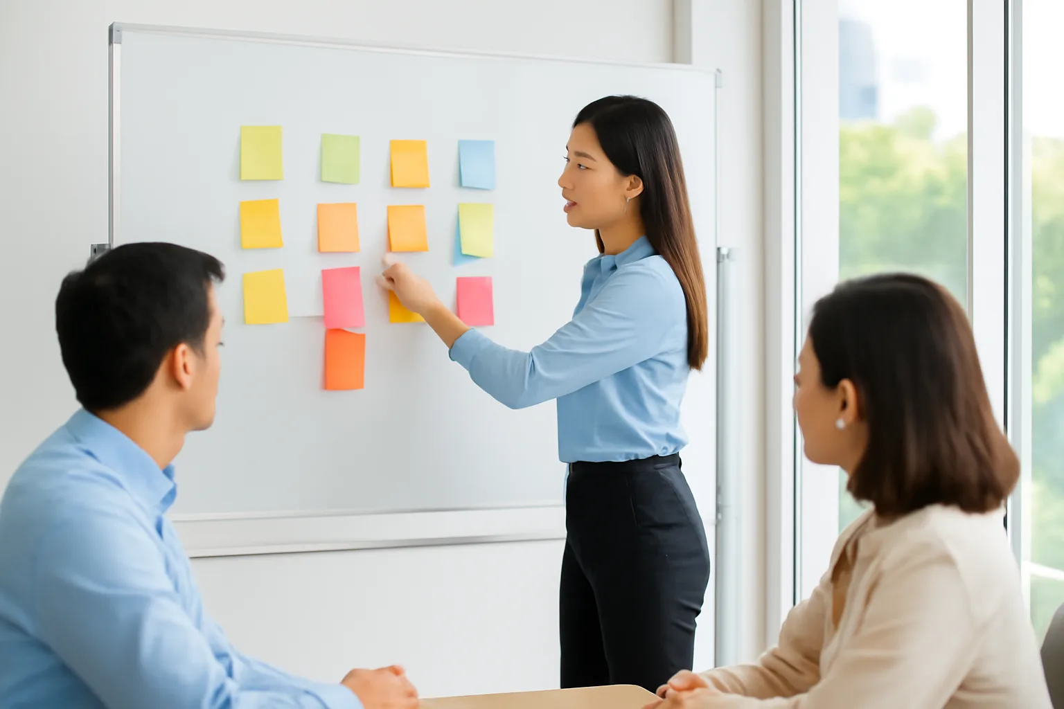 Trưởng phòng kế toán đứng trước bảng trắng trống, dán các mẩu giấy màu theo cột