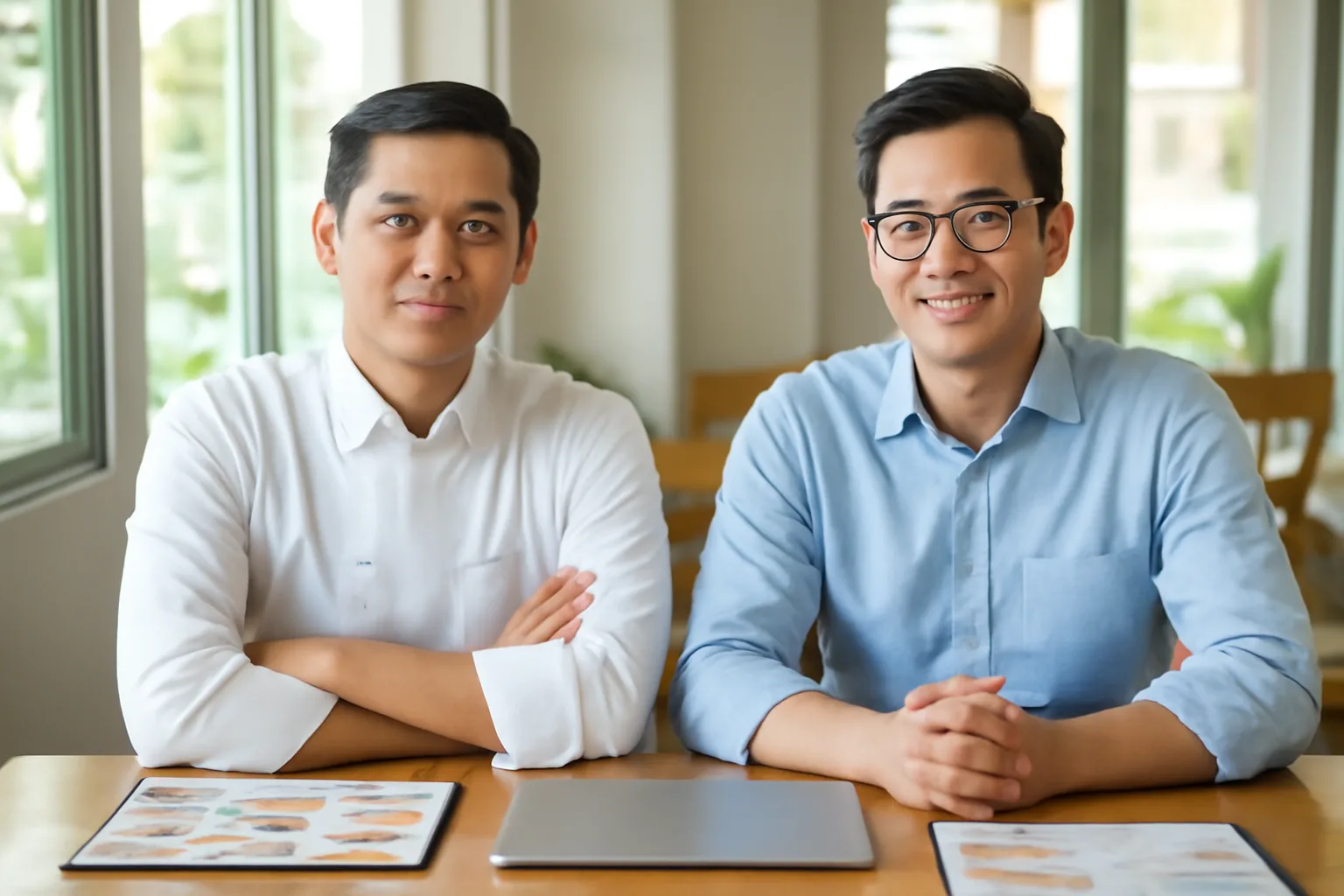 Quản lý bếp và kế toán ngồi cạnh nhau bên bàn gỗ, trước mặt là thực đơn in và máy tính xách tay
