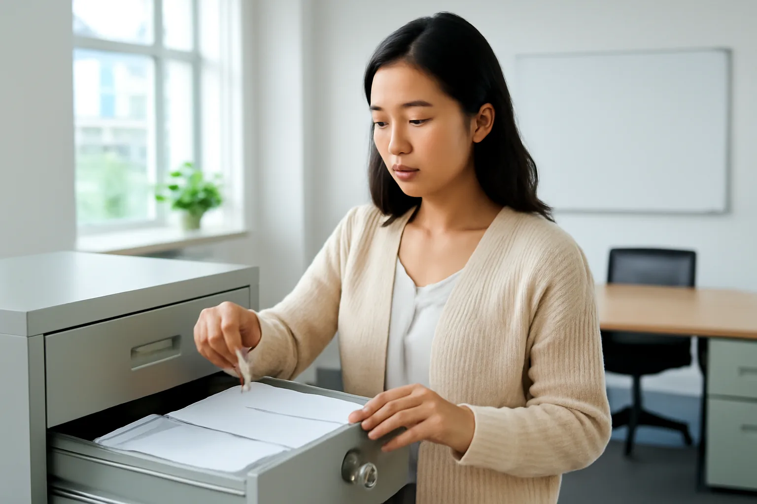 Nhân viên nhân sự cất phong bì hồ sơ vào tủ khoá trong văn phòng sáng sủa
