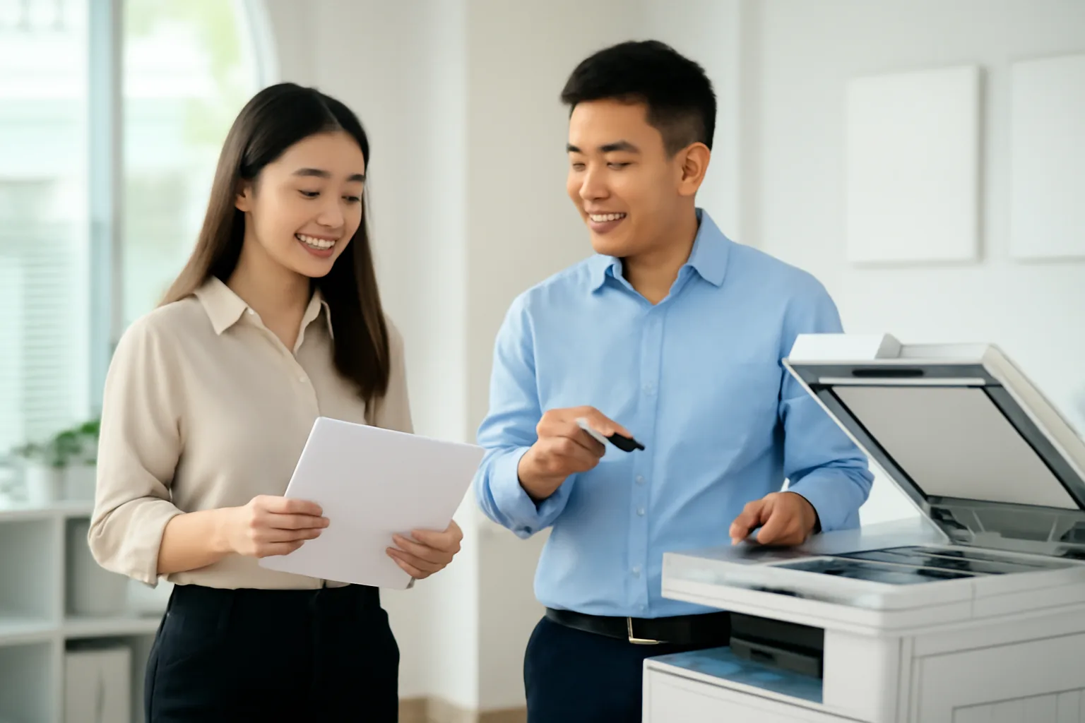 Hai đồng nghiệp đứng cạnh máy in văn phòng, một người cầm tập giấy vừa in