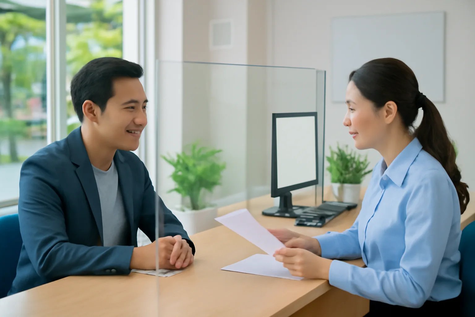 Chủ cửa hàng ngồi tại quầy giao dịch ngân hàng làm thủ tục mở tài khoản