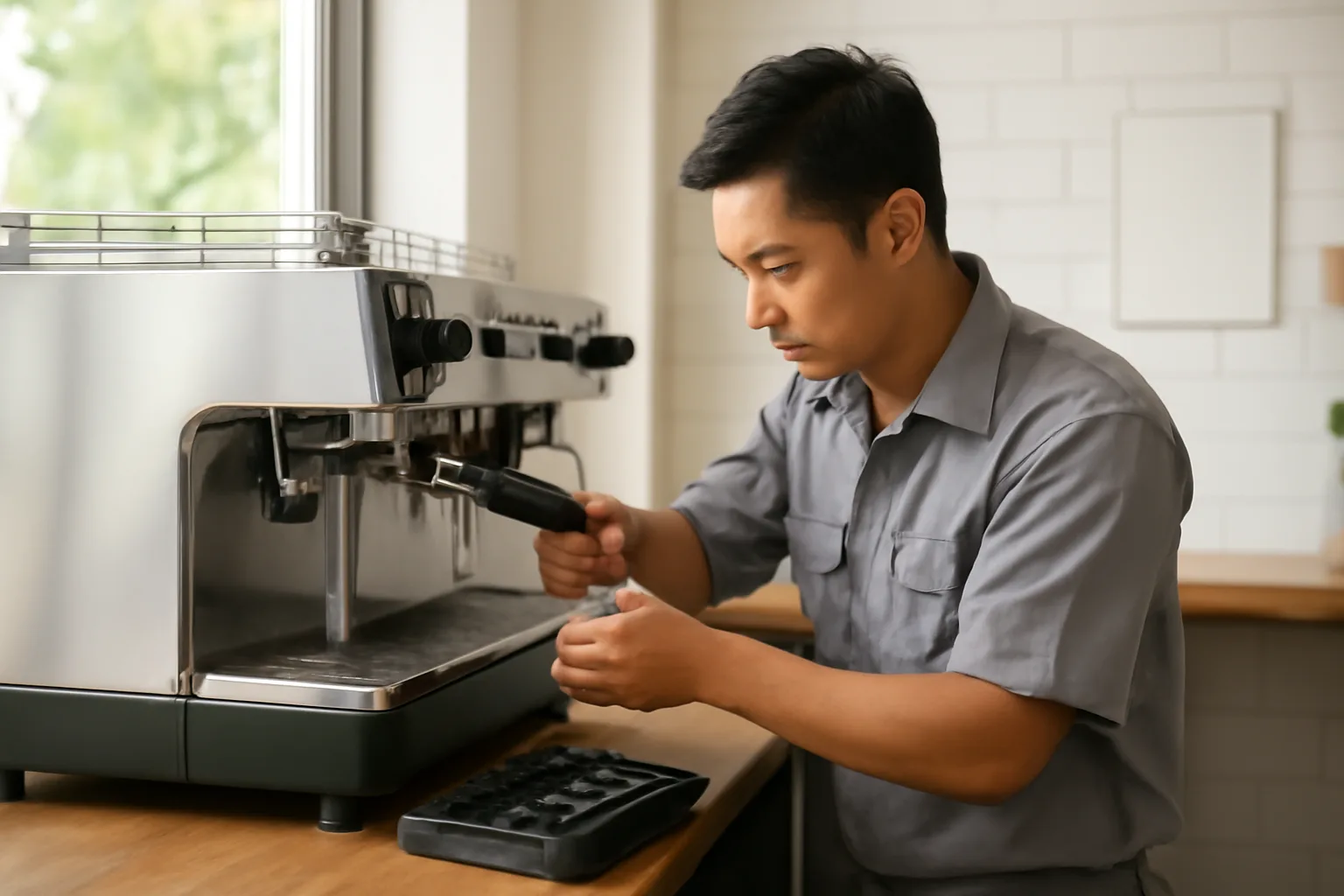 Kỹ thuật viên kiểm tra máy pha cà phê lớn trong quán, bên cạnh là sổ tay bảo trì