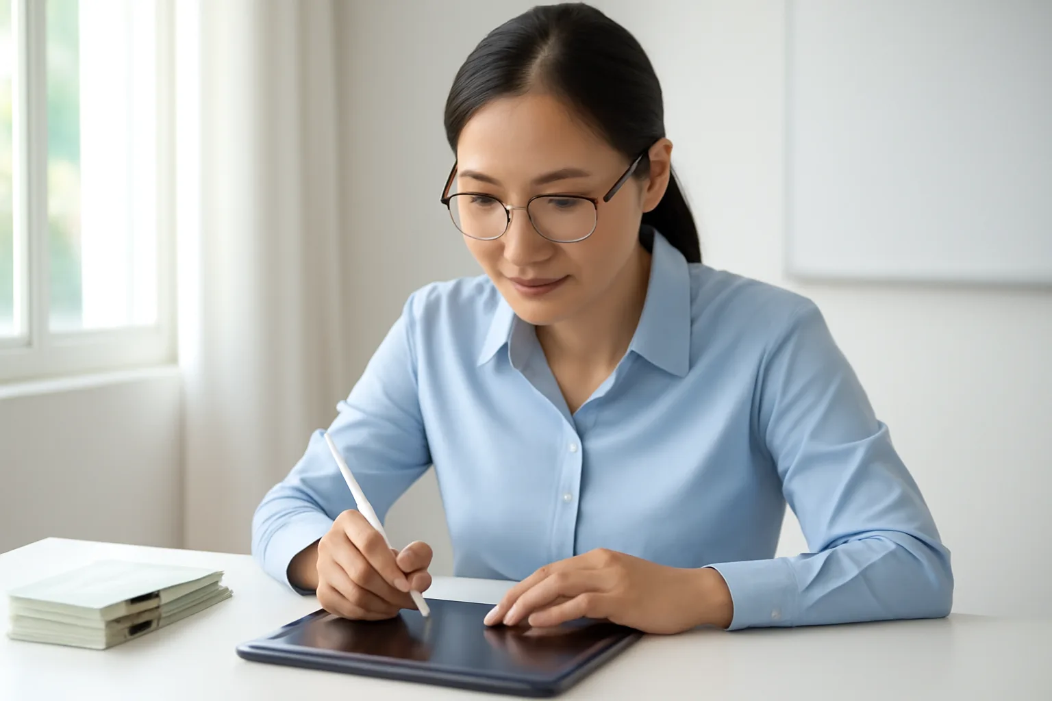 Kế toán trưởng ký duyệt trên máy tính bảng đặt cạnh tập chứng từ kẹp gọn
