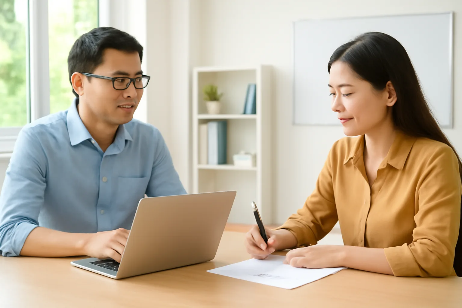 Hai kế toán ngồi đối diện nhau, mỗi người một máy tính, cùng đánh dấu vào bảng giấy