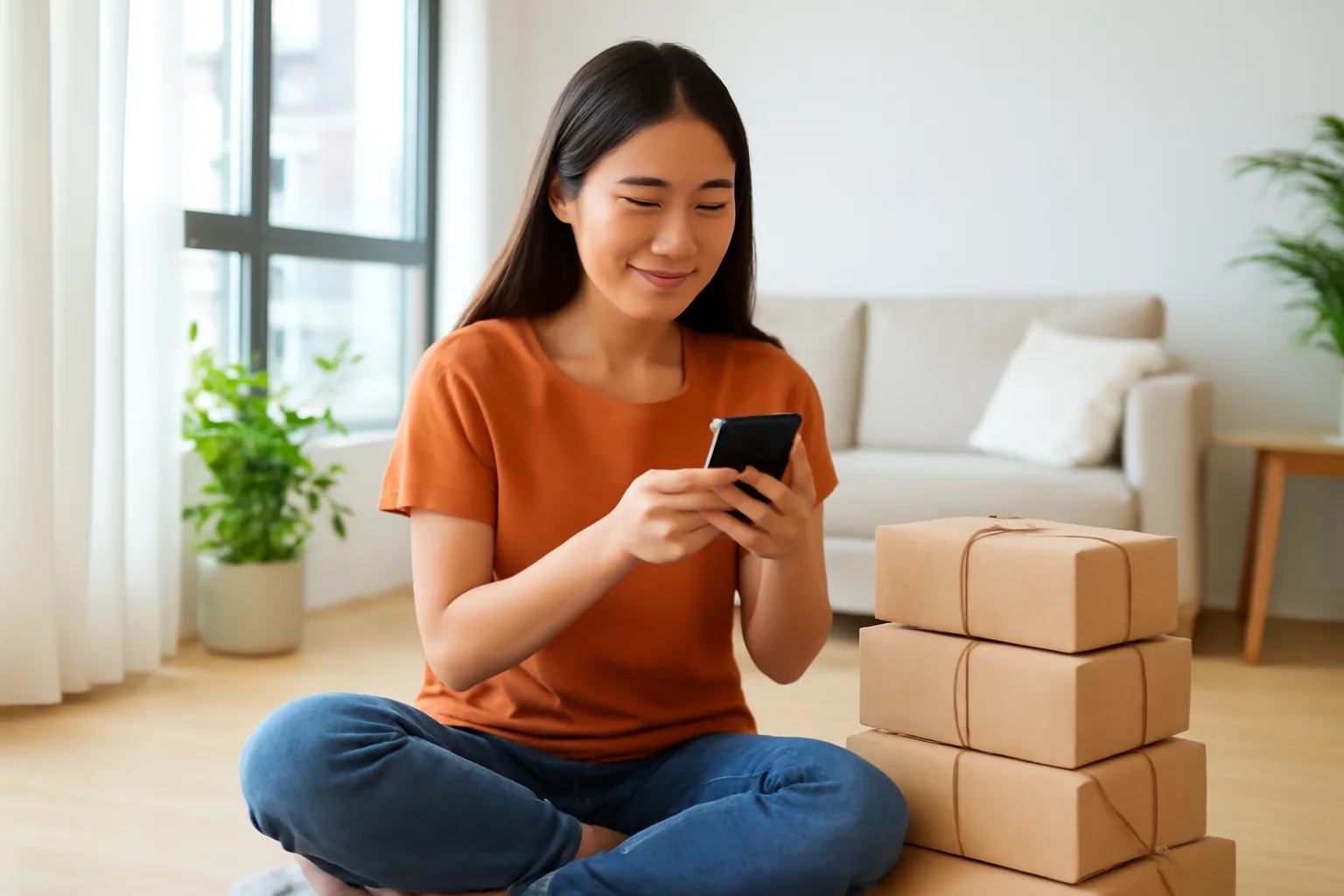Chủ cửa hàng online trẻ trả lời tin nhắn khách trên điện thoại bên cạnh các gói hàng đã đóng