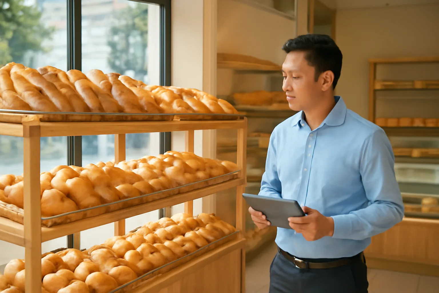 Quản lý vùng đi bộ trong một cửa hàng bánh, cầm máy tính bảng kiểm kệ trưng bày