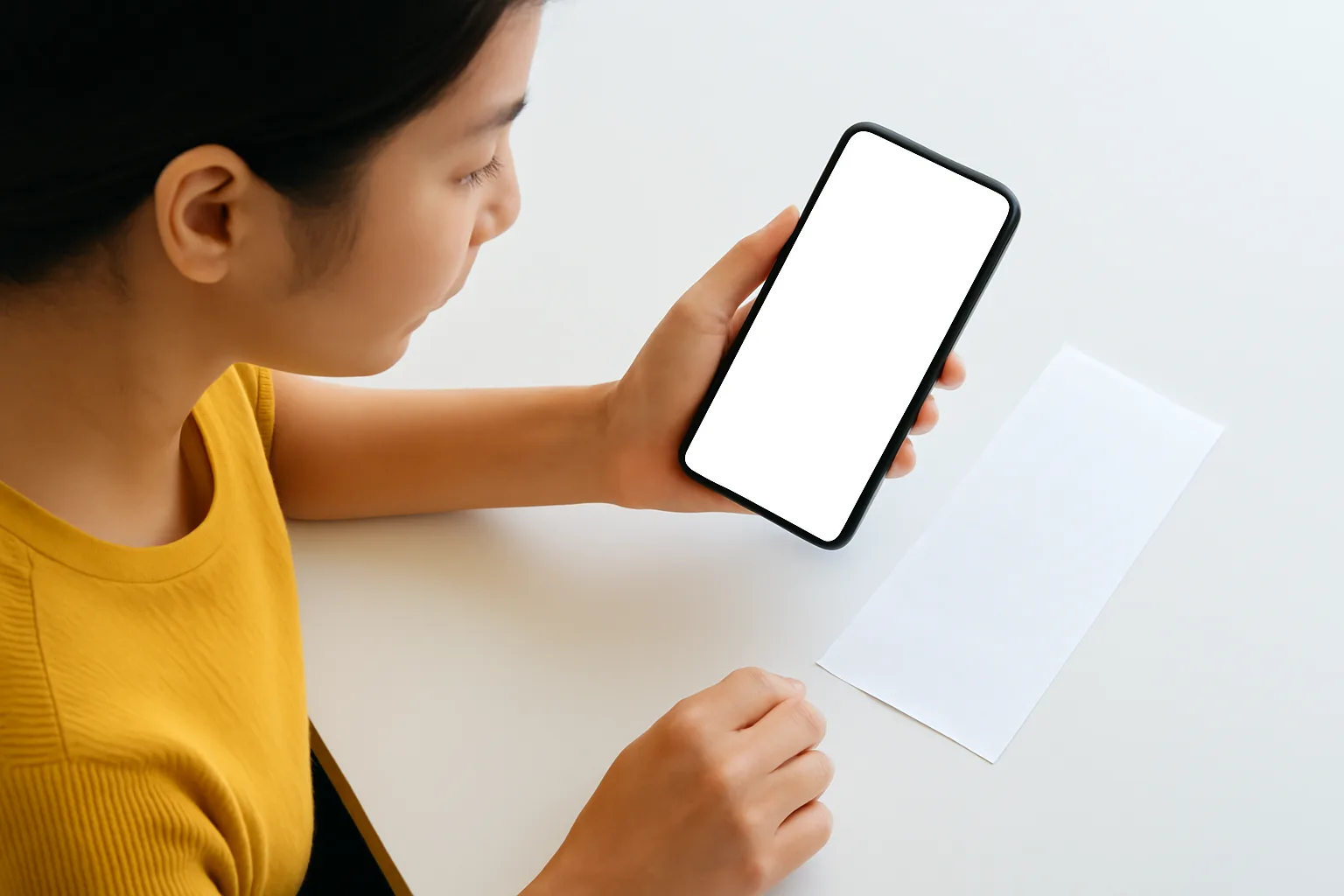 Nhân viên chụp tờ biên nhận đặt trên nền bàn trắng bằng điện thoại cầm ngang