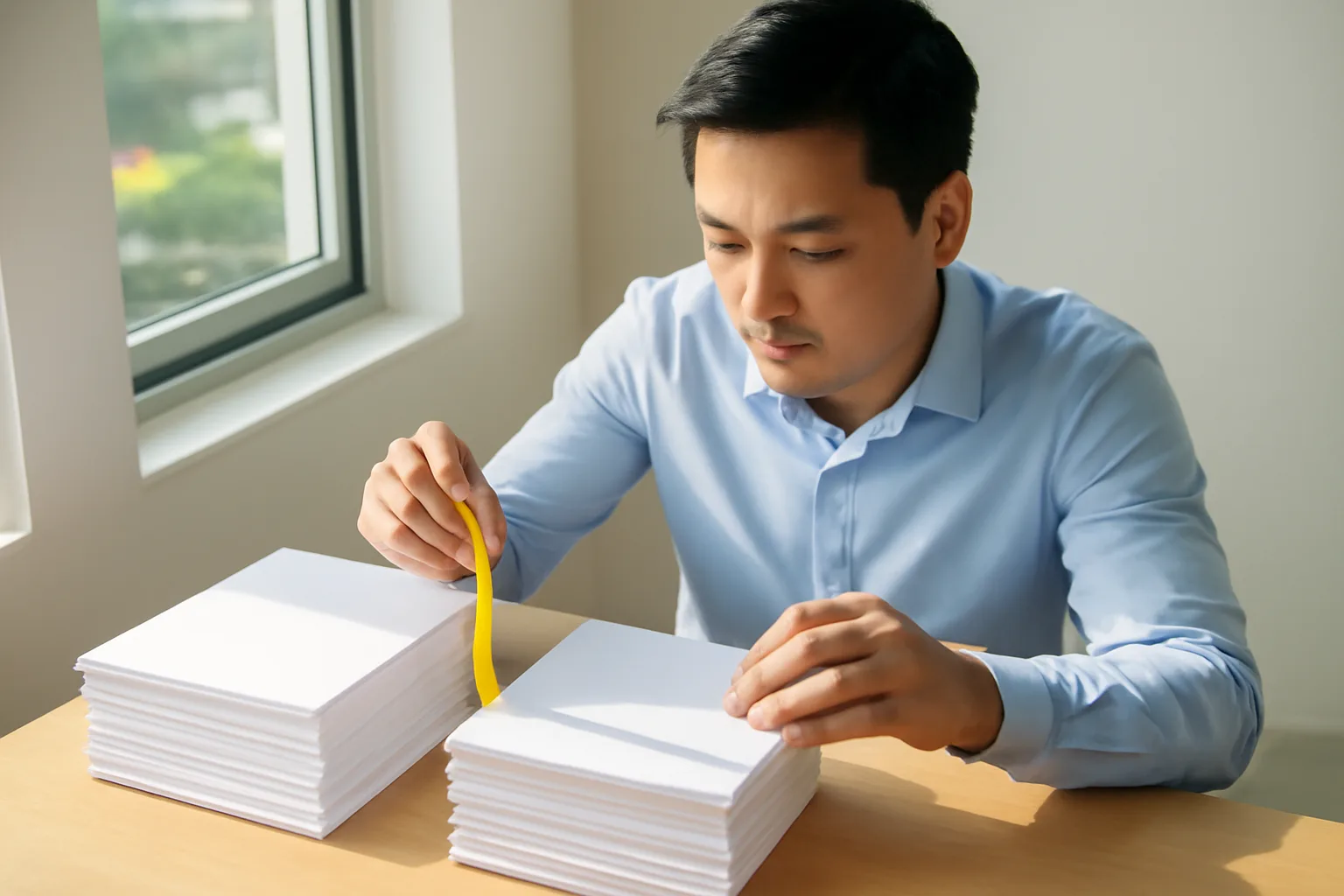 Kế toán ngồi bên cửa sổ văn phòng, so hai xấp giấy đặt song song trên bàn