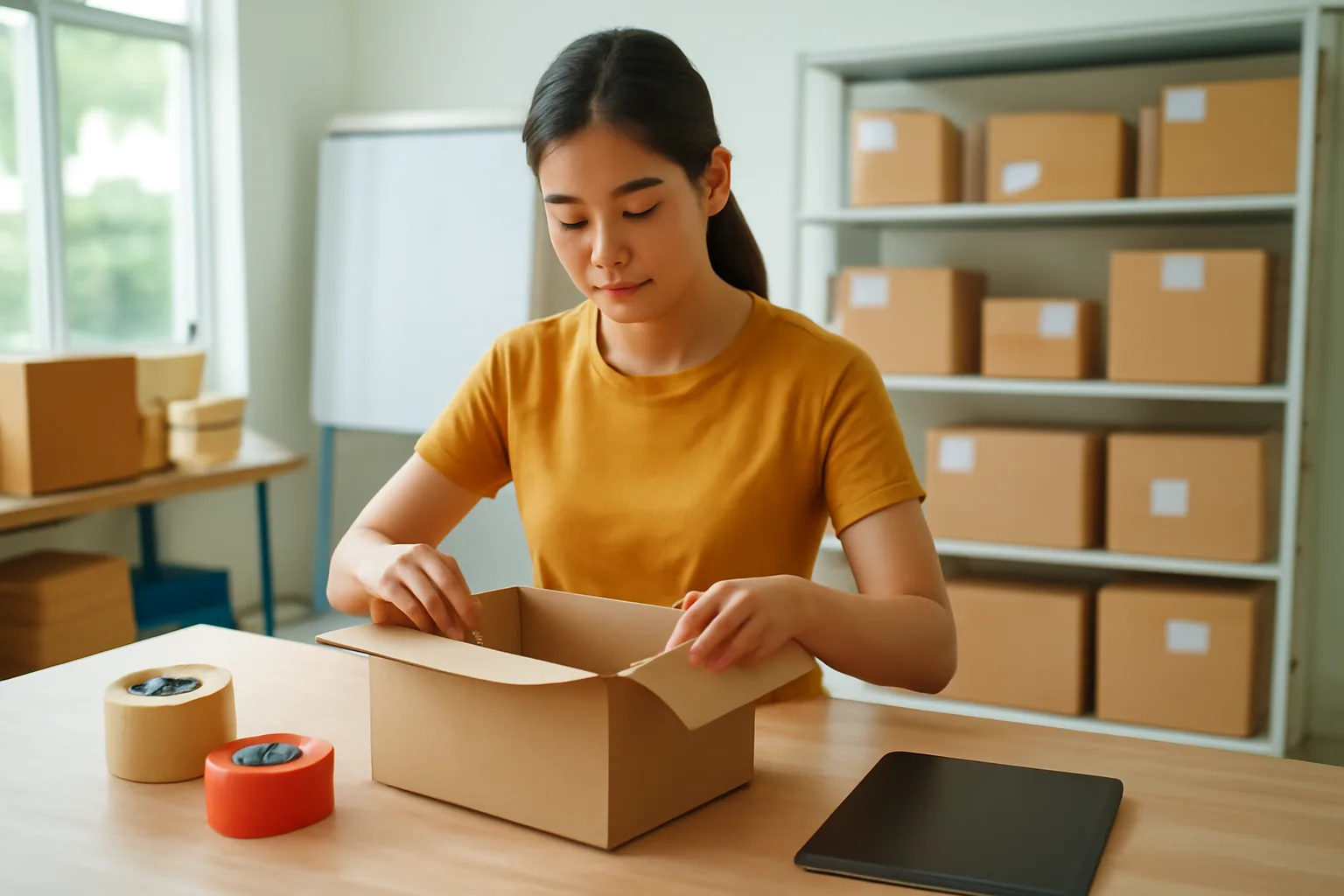 Nhân viên mở hộp hàng hoàn trả trên bàn đóng gói cạnh cuộn băng dính và máy tính bảng úp