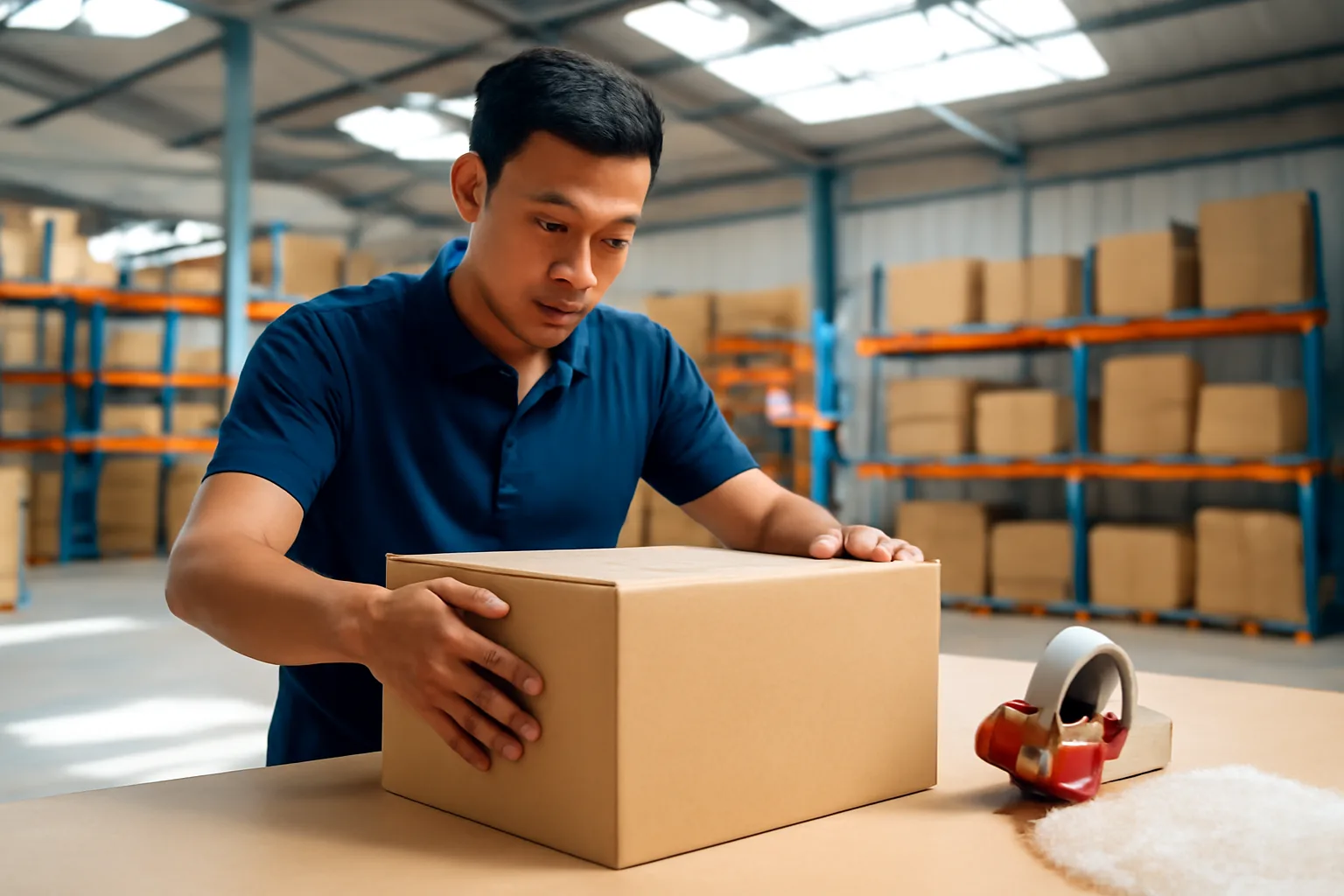 Nhân viên kho kiểm lại hộp hàng khách gửi trả trên bàn đóng gói