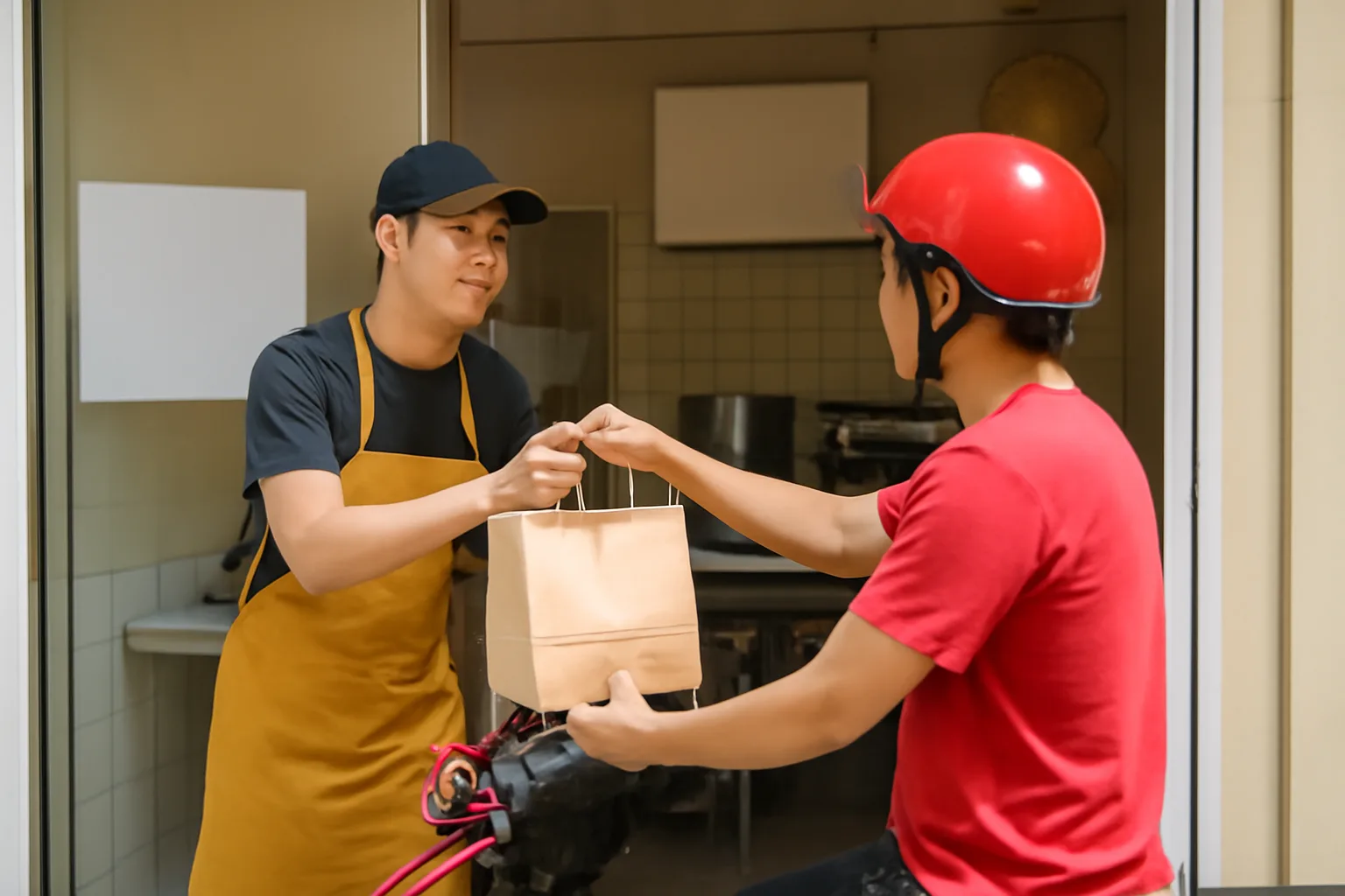 Nhân viên quán đưa túi đồ ăn đã đóng gói cho người giao hàng đội mũ bảo hiểm trước cửa quán