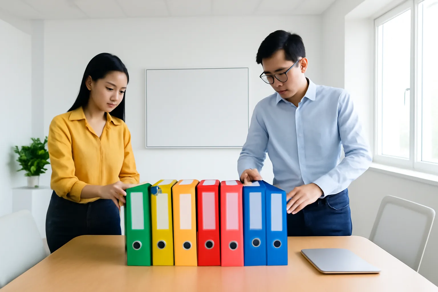 Hai người trong phòng họp nhỏ xếp các cặp hồ sơ theo thứ tự trên bàn dài