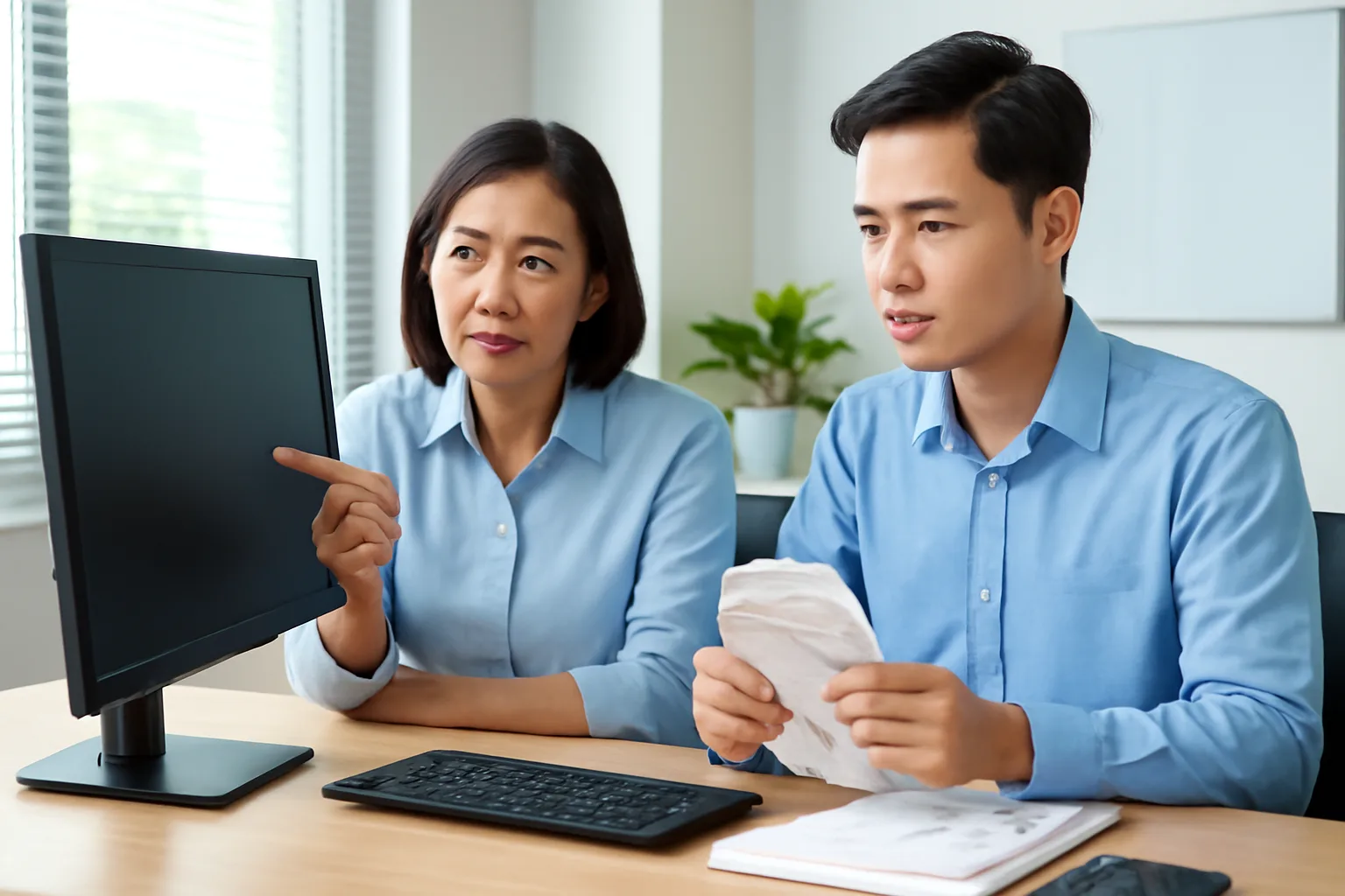 Kế toán trưởng chỉ vào màn hình máy tính trong khi đồng nghiệp cầm xấp chứng từ đối chiếu