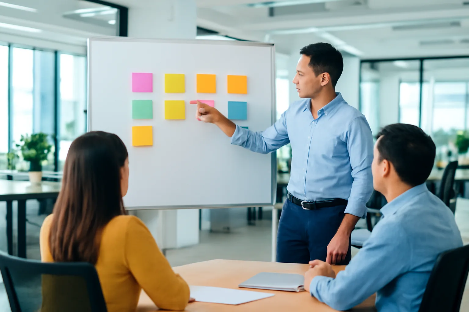Trưởng nhóm kế toán đứng cạnh bảng trắng dán giấy nhớ nhiều màu, hai đồng nghiệp ngồi nghe