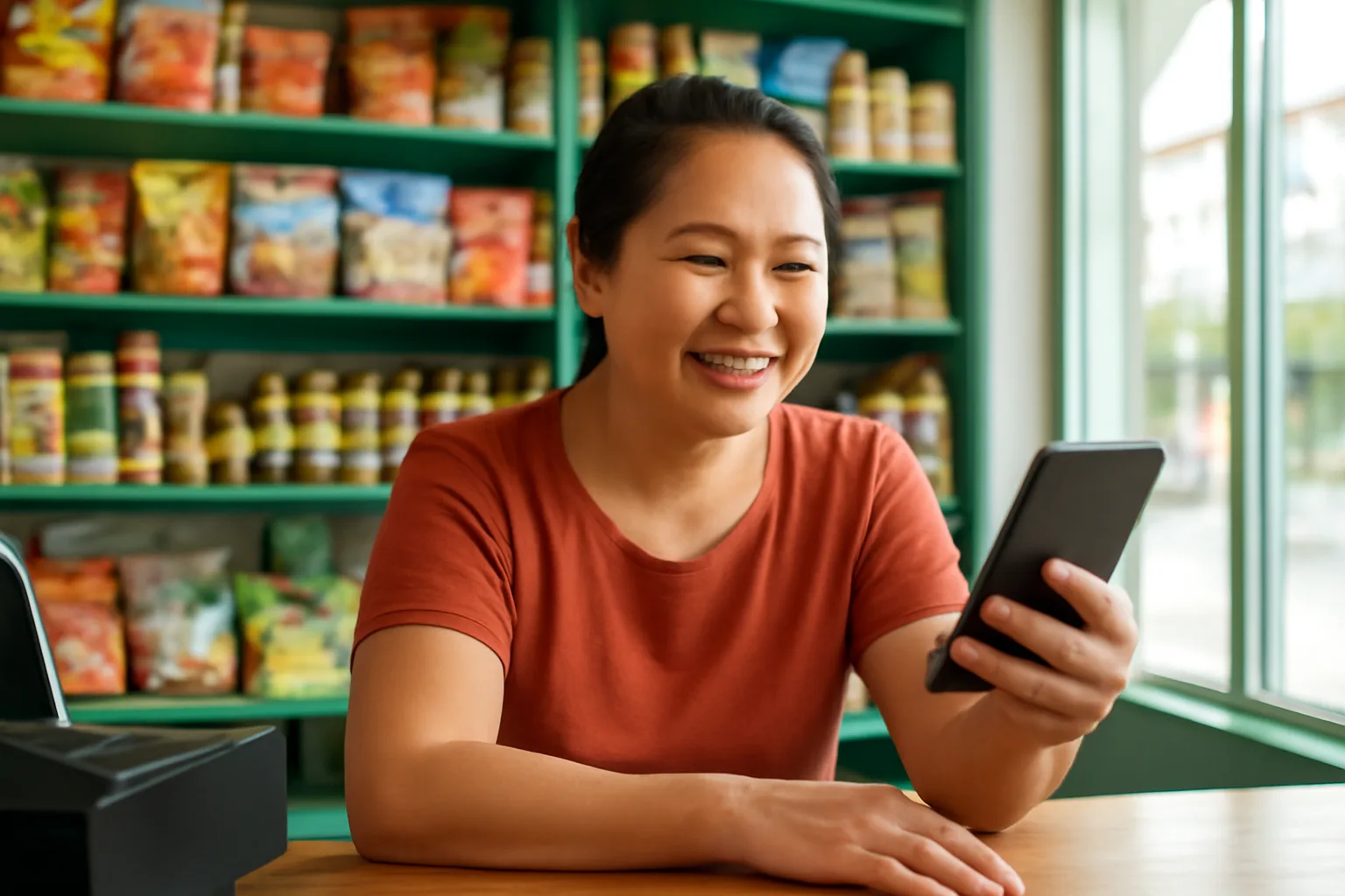 Chủ tiệm tạp hoá ghi chép trên điện thoại tại quầy, sau lưng là kệ hàng đầy