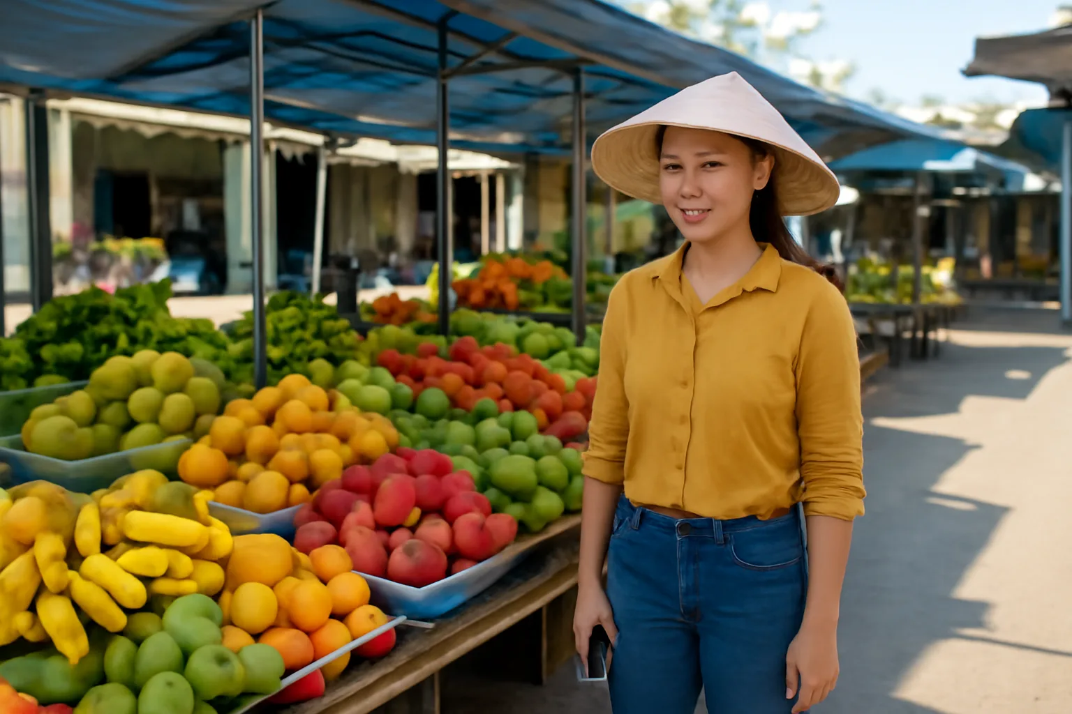 Chủ hộ kinh doanh đứng trước sạp trái cây ngoài chợ, tay cầm điện thoại úp xuống