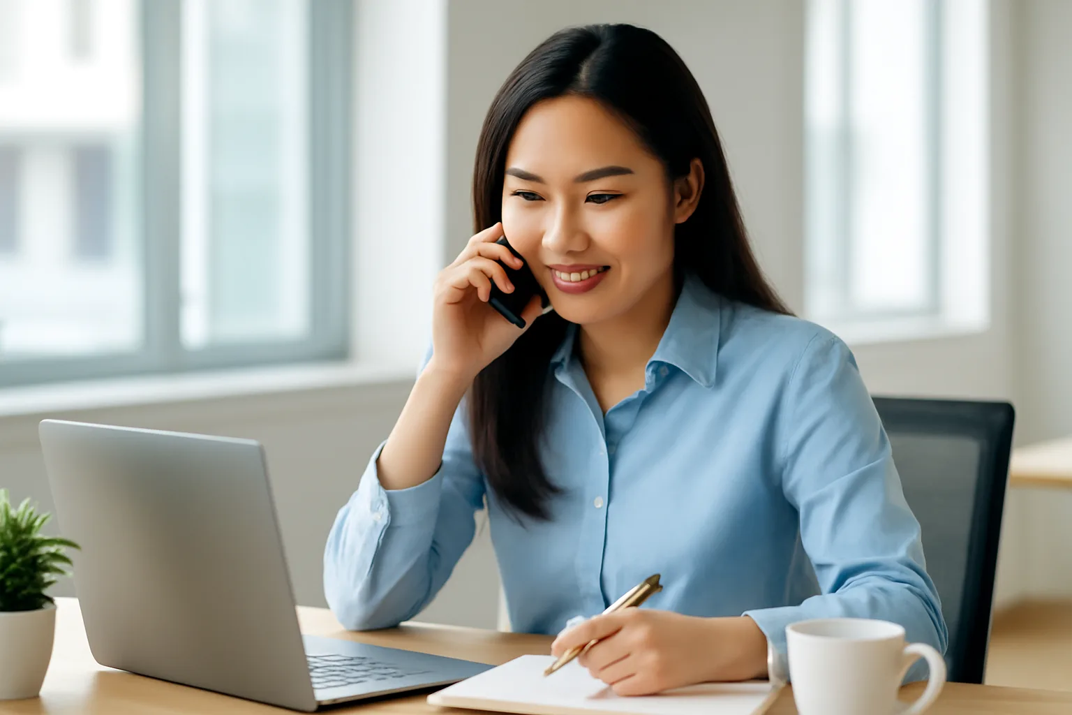 Kế toán trẻ gọi điện thoại tại bàn làm việc, tay cầm bút ghi vào sổ tay