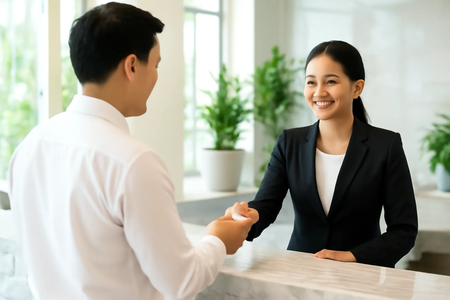 Khách hàng mặc áo sơ mi đưa danh thiếp cho nhân viên quầy lễ tân khách sạn