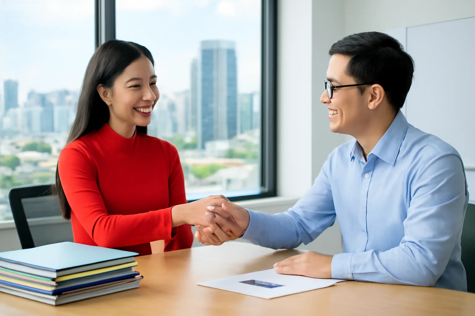 Nhân viên kinh doanh và kế toán của khách bắt tay sau buổi đối chiếu công nợ tại văn phòng