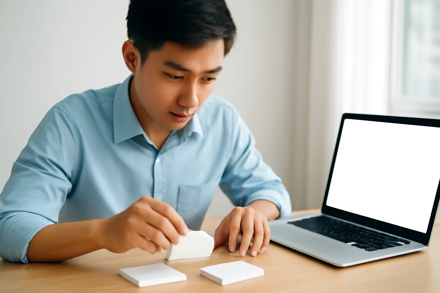 Nhân viên văn phòng rà danh sách trên máy tính, bên cạnh là xấp danh thiếp úp mặt