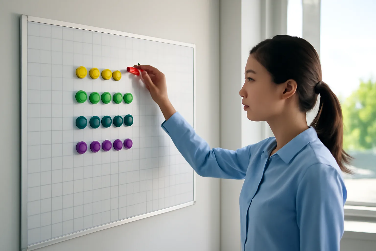 Bảng lịch treo tường không chữ với các nam châm màu, người đàn ông đang gắn thêm một nam châm