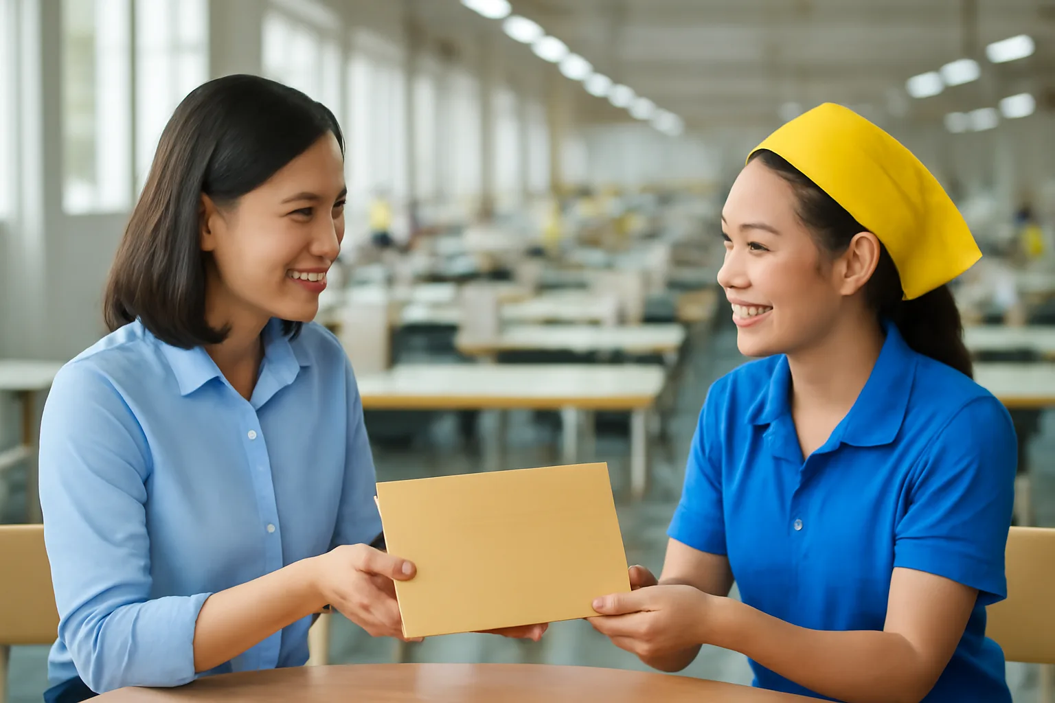 Nhân viên nhân sự trao phong bì cho công nhân tại khu nghỉ của xưởng may