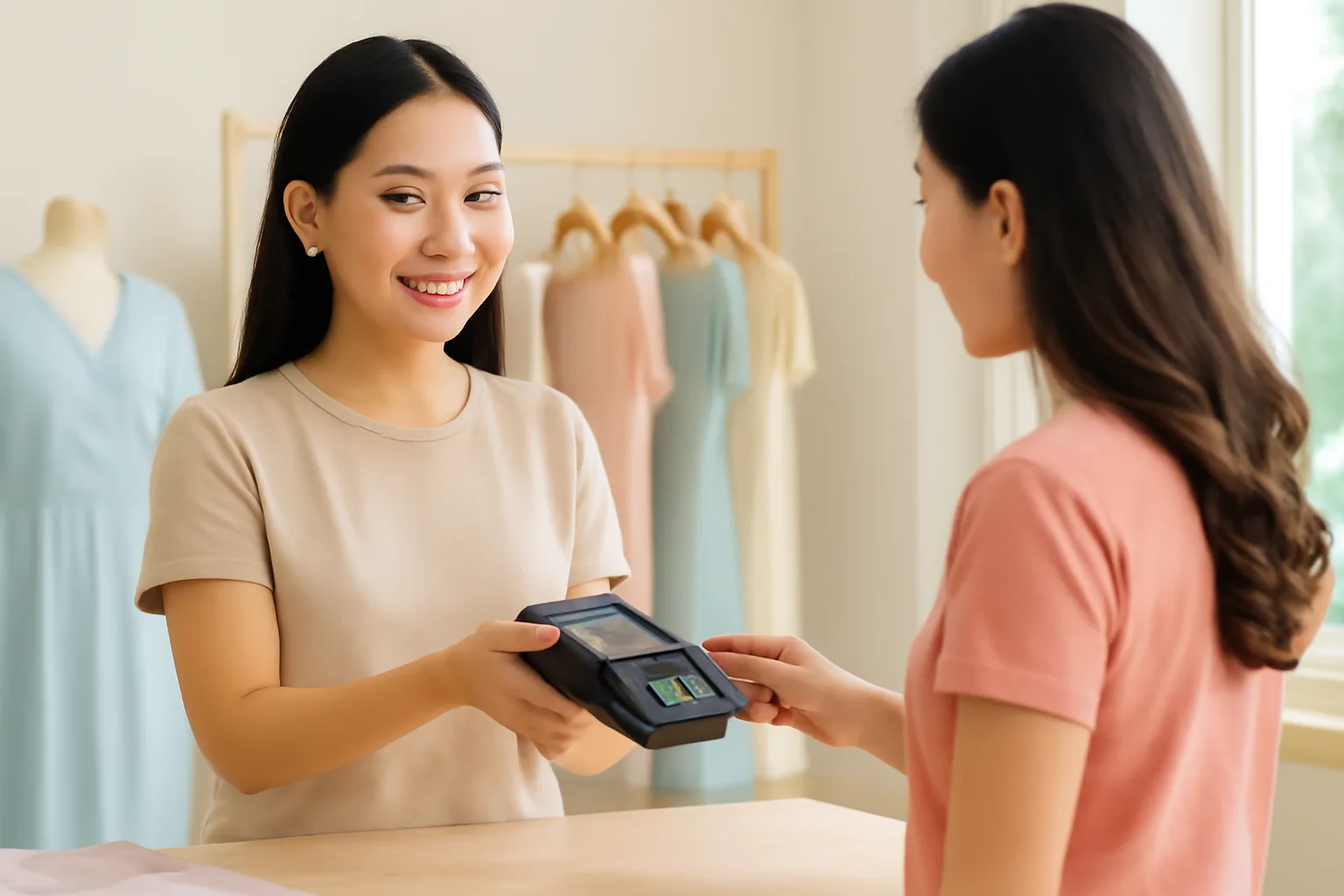Nhân viên cửa hàng thời trang đưa máy quẹt thẻ cho khách tại quầy thu ngân sáng sủa