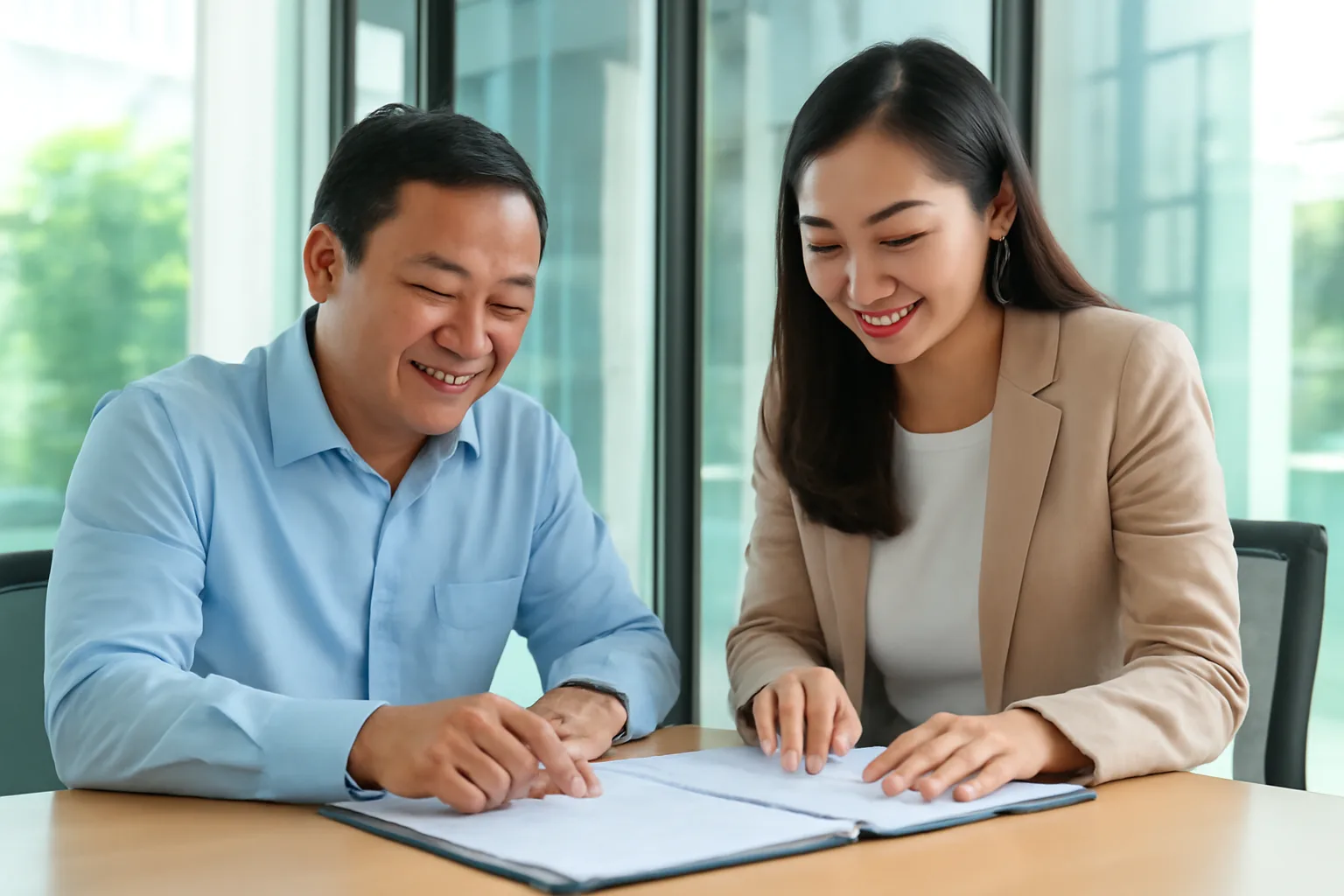 Chủ doanh nghiệp và kế toán cùng xem một tập hồ sơ mở trên bàn họp nhỏ