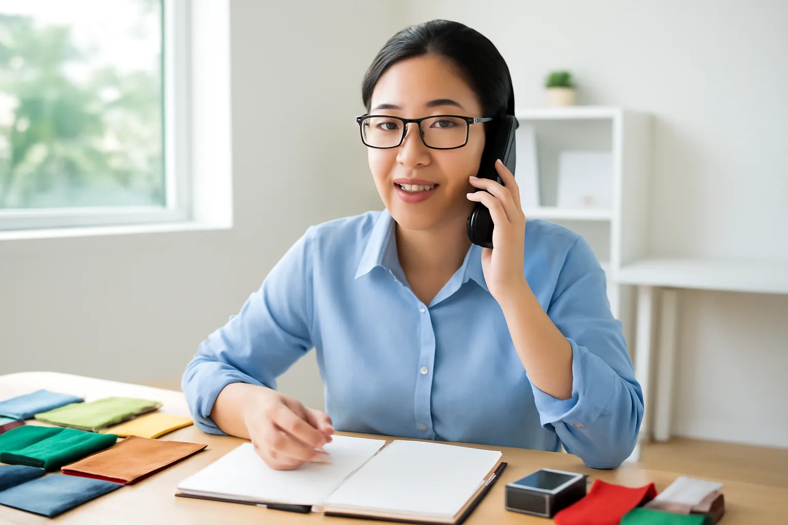 Nhân viên mua hàng gọi điện cho nhà cung cấp, trên bàn là mẫu vải và hộp hàng mẫu