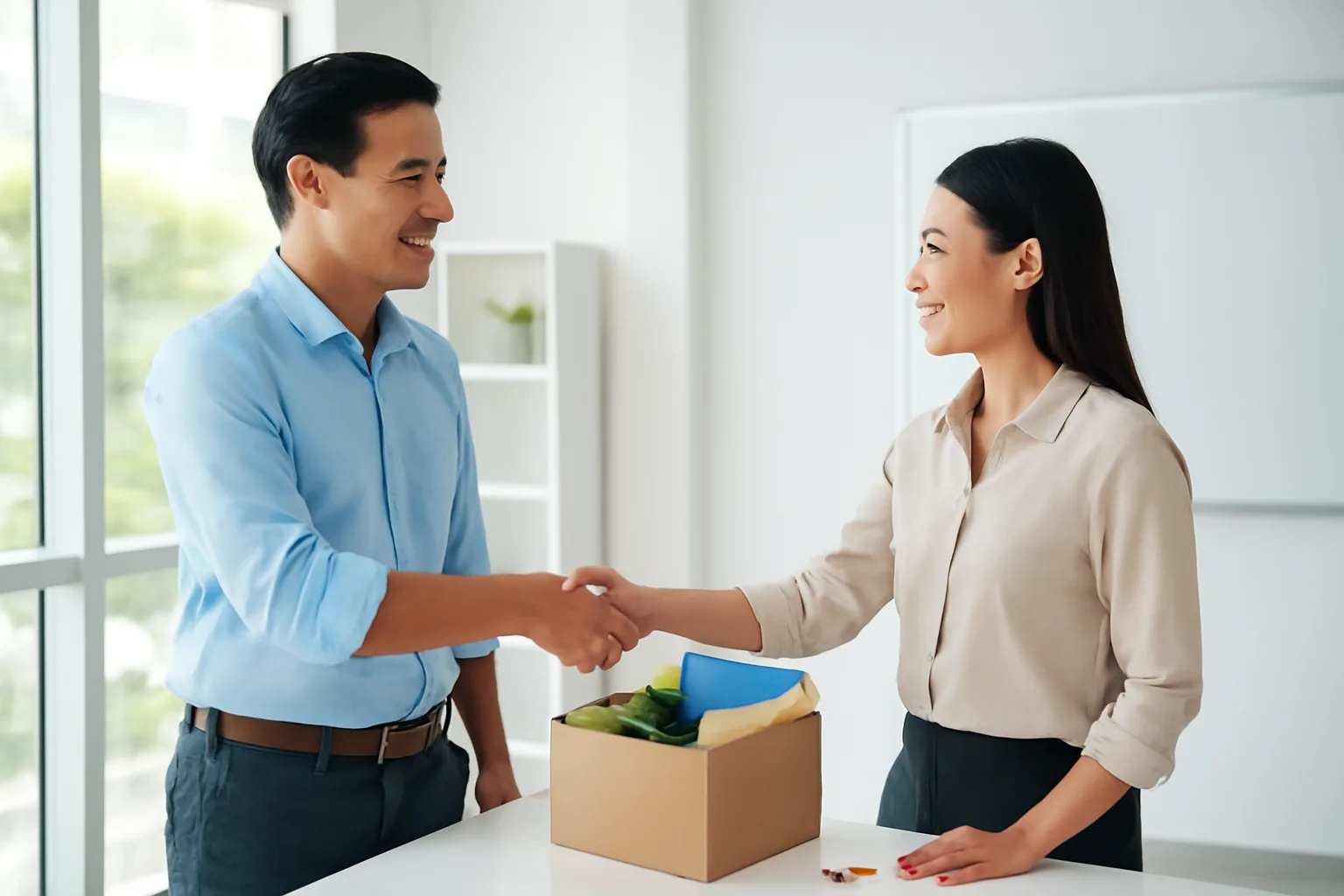 Hai người bắt tay chia tay trong văn phòng, trên bàn có hộp đựng đồ cá nhân và thiết bị ký số