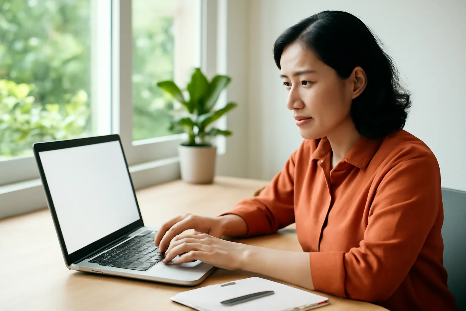 Kế toán nữ làm việc với máy tính xách tay và sổ tay tại bàn gần cửa sổ lớn