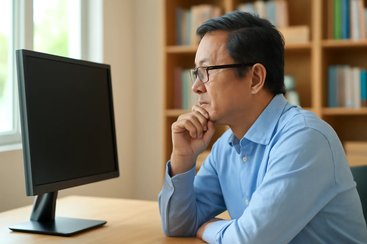 Kế toán trưởng đeo kính chăm chú xem màn hình máy tính trong phòng làm việc riêng