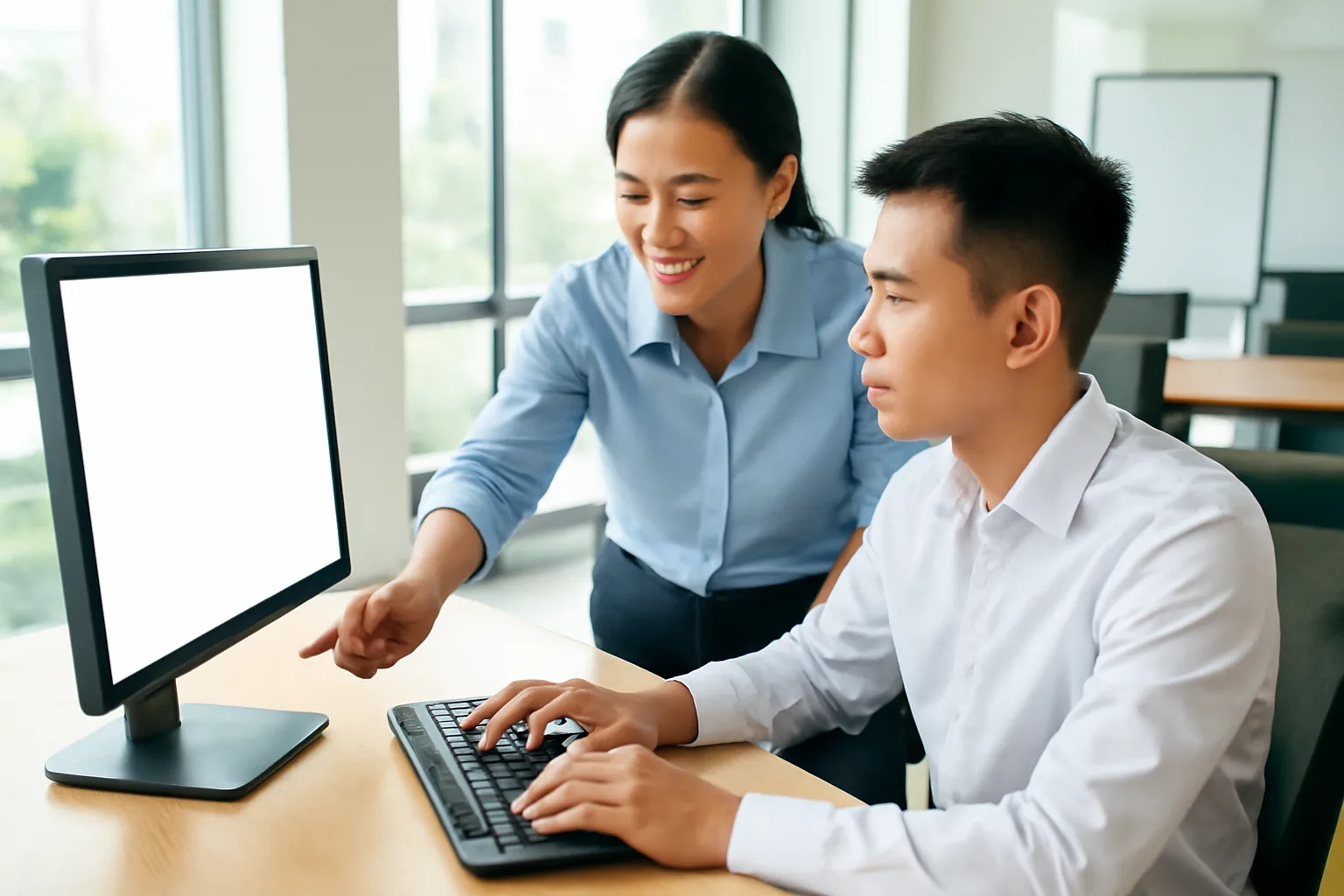 Người hướng dẫn đứng cạnh nhân viên kế toán, chỉ tay vào bàn phím trong giờ làm việc