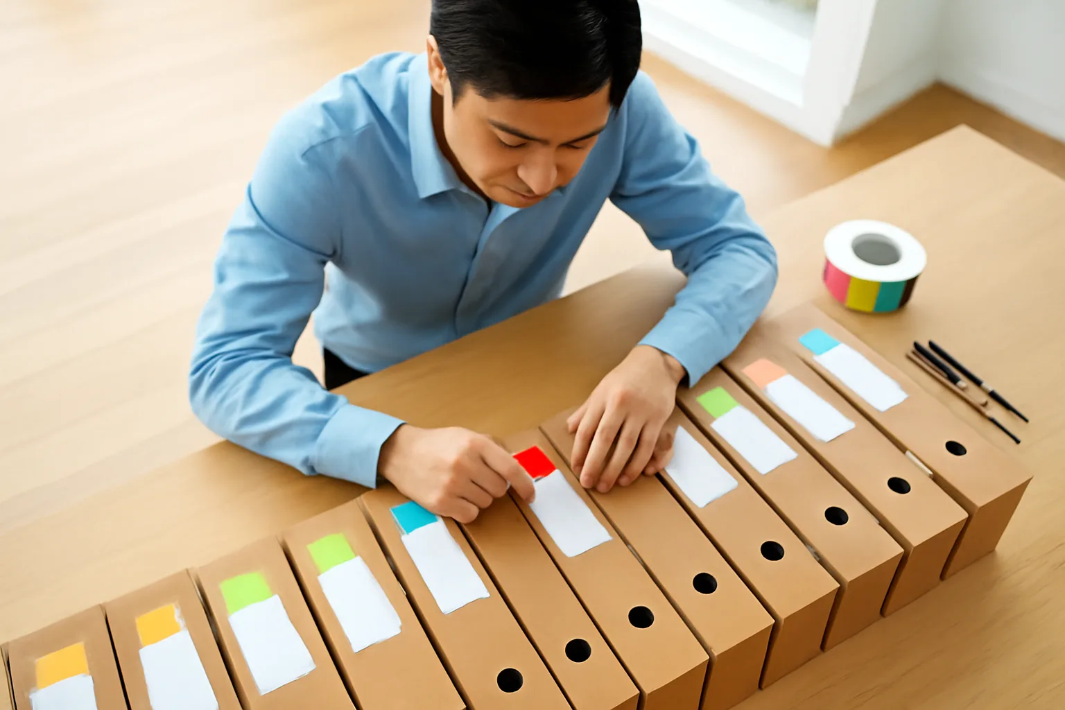Kế toán trẻ dán nhãn màu lên các bìa hồ sơ xếp trên bàn dài