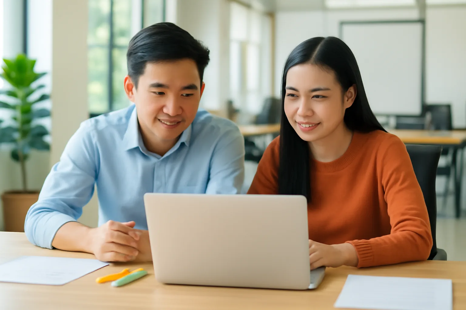 Hai nhân viên kế toán ngồi cạnh nhau rà soát bảng số liệu trên máy tính xách tay