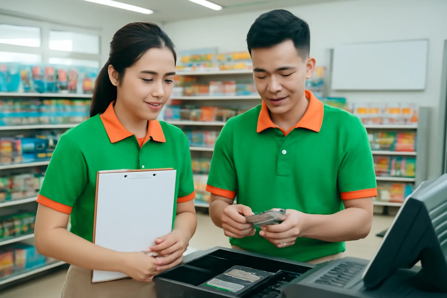 Hai nhân viên cửa hàng cùng đếm tiền trong ngăn kéo quầy thu ngân lúc giao ca