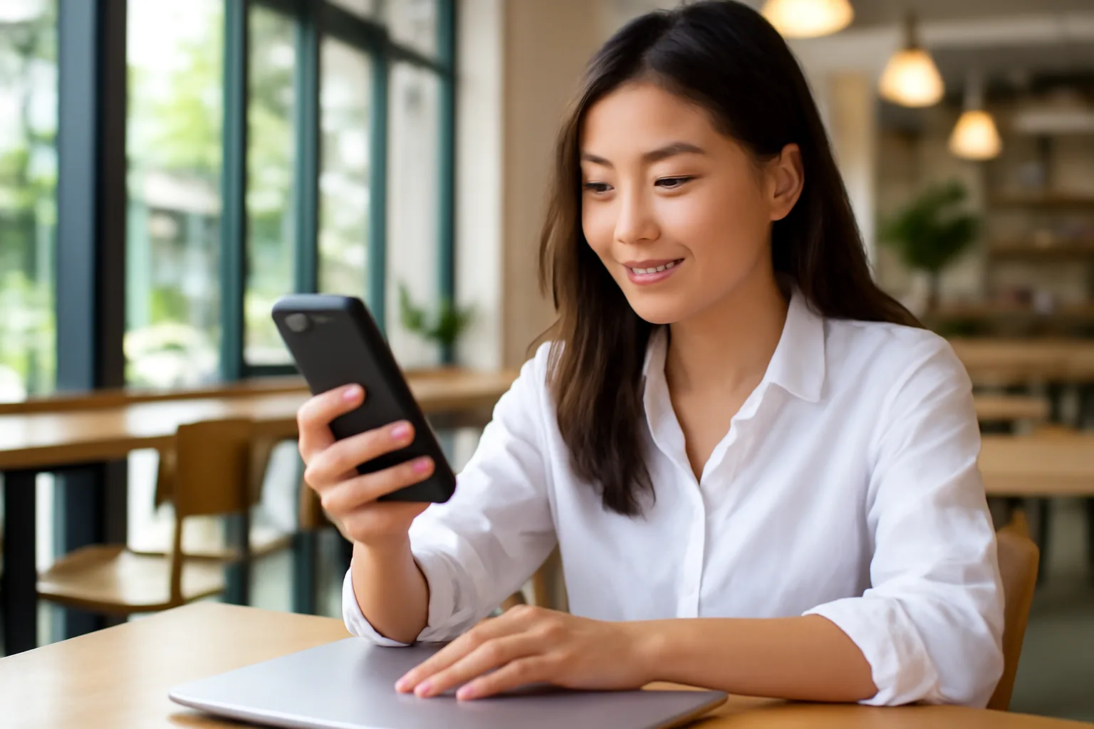 Nhân viên văn phòng cầm điện thoại xác nhận đăng nhập bên cạnh máy tính xách tay